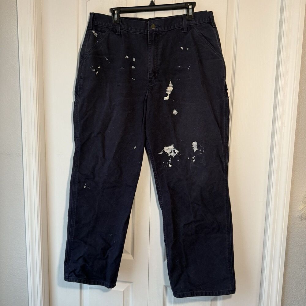 Carhartt Duck Utility Work Pants Men 38X30 Distressed B11-MDT Blue Loose Fit
